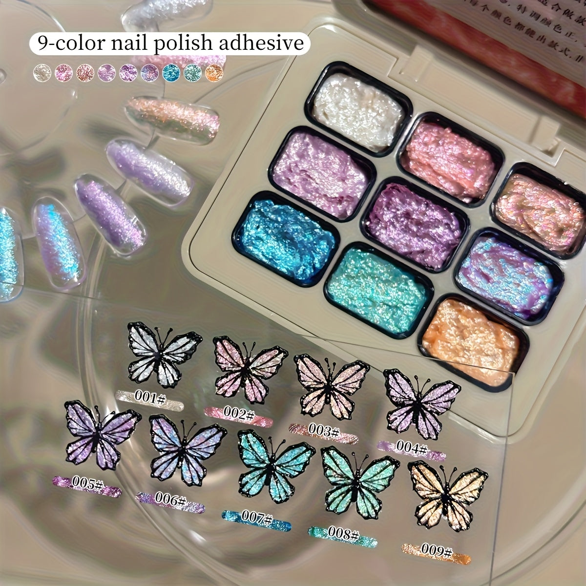 Shimmer Nail Art Gel Nine-Color Grid Palette with Metallic Neutral or Milky Way Color Selection