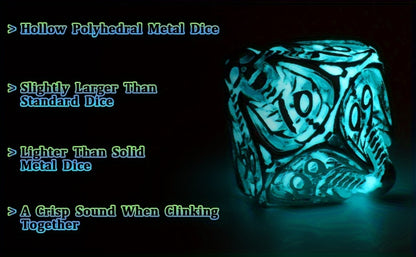Metal Skull Dice Set 7pcs Glow in the Dark, Hollow UV Fluorescent Polyhedral DnD RPG Dice for Dungeon Masters