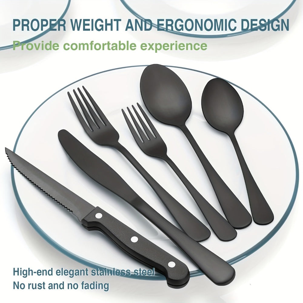 Serrated Steak Knife Dining Set with Six-Piece Place Settings, 24 or 48 Utensils in Silver or Black