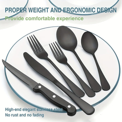 Serrated Steak Knife Dining Set with Six-Piece Place Settings, 24 or 48 Utensils in Silver or Black