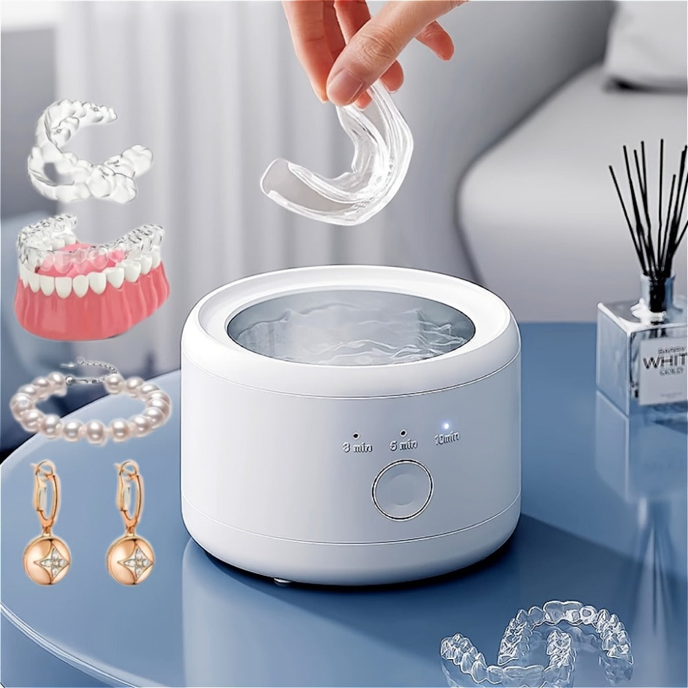 Electric Ultrasonic Cleaner Machine for Dentures Jewelry & Glasses – USB Rechargeable 3 Speeds Auto Timer 180ml Tank One-Touch Portable