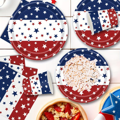 Patriotic Tableware Party Supplies Set with 140 Pieces for 20 Red White Blue Star-Print Settings