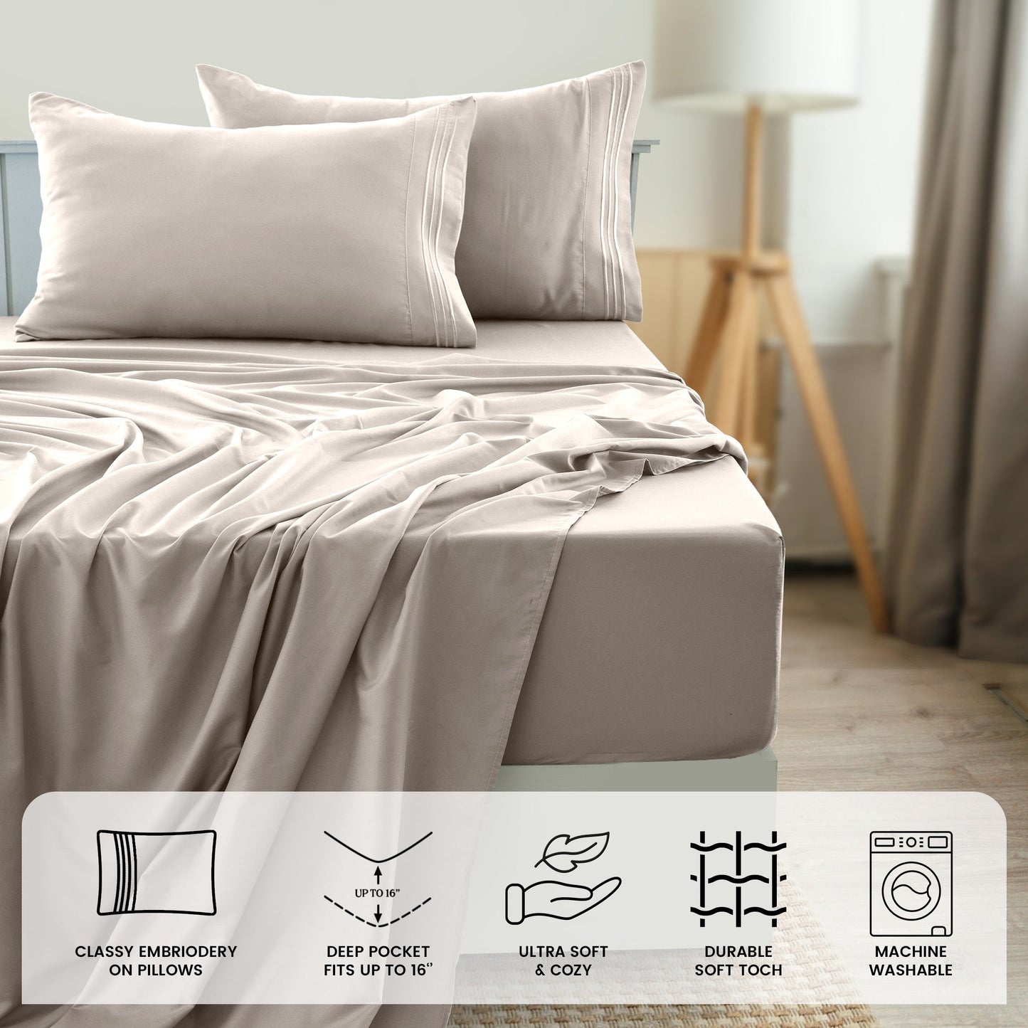 Fitted Sheet Set 6-Piece Brushed Polyester Deep Pocket Bed Sheets 20 Colors Hotel Luxury Bedding with Embroidered Pillowcases