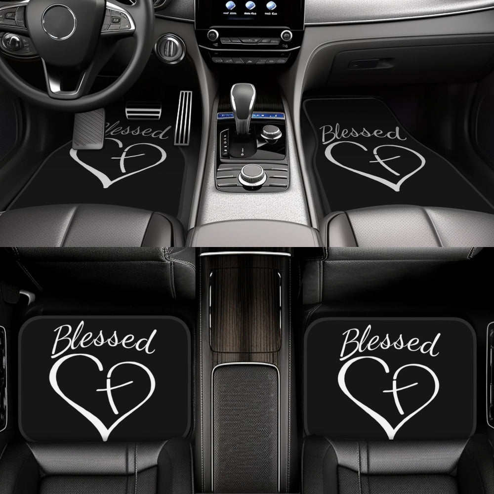 Heart and Cross Car Floor Mats, Four-Piece Black Printed Set with Two Front and Two Rear Mats
