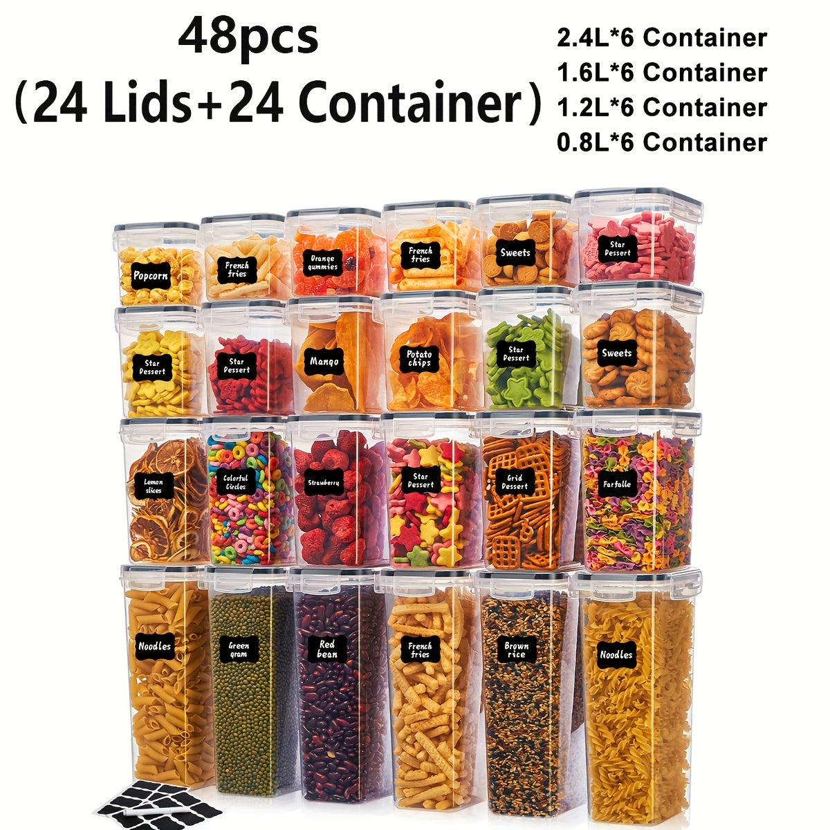 Food Storage Container Pantry Set with Three to 42 Jars, Flip-Top Lids, BPA-Free Plastic and Labels