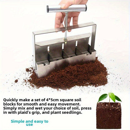 Garden Clod Breaker & Soil Blocker Tool – Heavy Duty Metal Multi-Cell Soil Block Maker with Adjustable Handle for Seed Starting