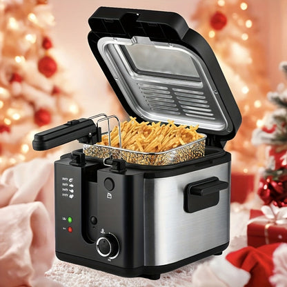 Black Deep Fryer in 1.5L to 6L Sizes with Foldable Basket Handle, Transparent Window and Removable Lid