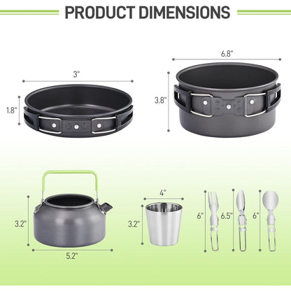 Camping Cookware Set, 19- or 27-Piece Coated Aluminum Mess Kit with Pot, Pan, Kettle, Cups, Plates and Cutlery