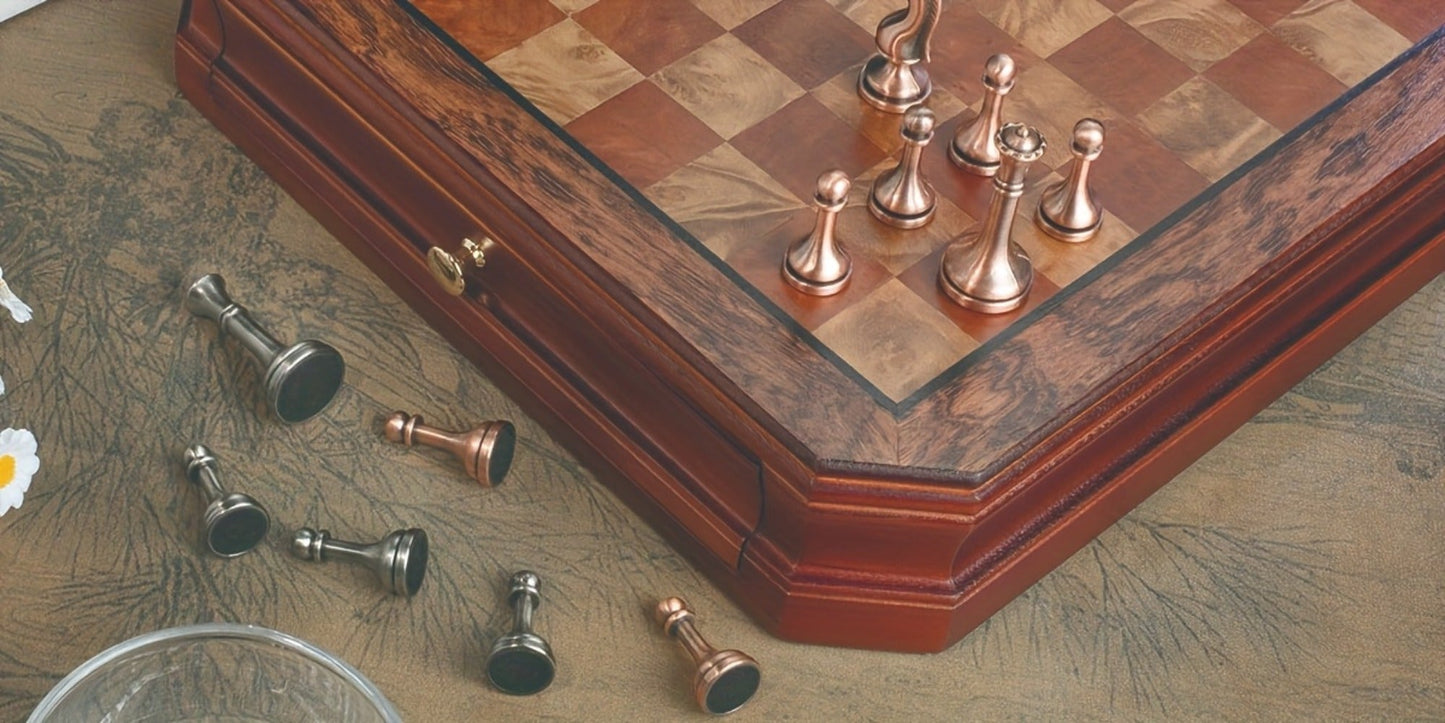 Wooden Chess Set with Metal Pieces & Storage Drawers 12 Inch – 2.5" Kings 2 Extra Queens Vintage Mahogany Board for Adults Beginners