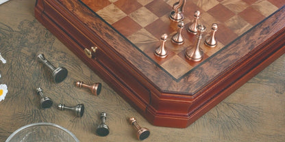 Wooden Chess Set with Metal Pieces & Storage Drawers 12 Inch – 2.5" Kings 2 Extra Queens Vintage Mahogany Board for Adults Beginners