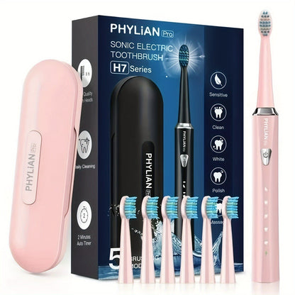 H7 Sonic Electric Toothbrush Kit in Pink, Black or Purple with Six Brush Heads and Travel Case