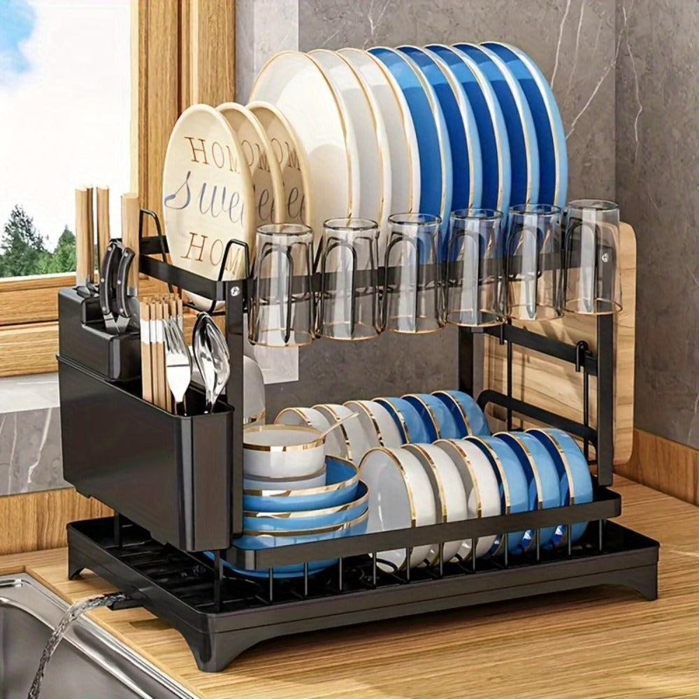 2-Layer Dish Drying Rack Kitchen Countertop Organizer – Dish Drain Rack with Knife Holder, Cup Rack & Cutlery Holder for Bowls