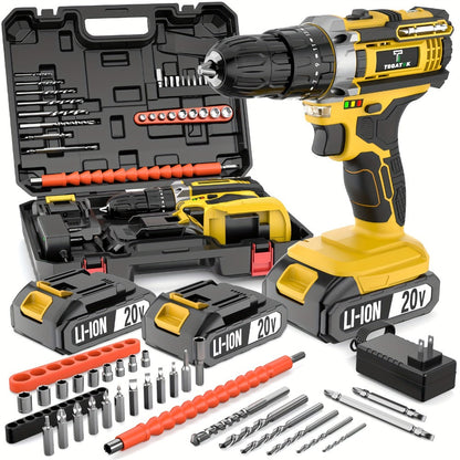 20V Cordless Drill Set Impact Power Drill 3/8 Inch Keyless Chuck 18+3 Clutch 45Nm Max Torque for Entryways, Bedrooms and Living Spaces