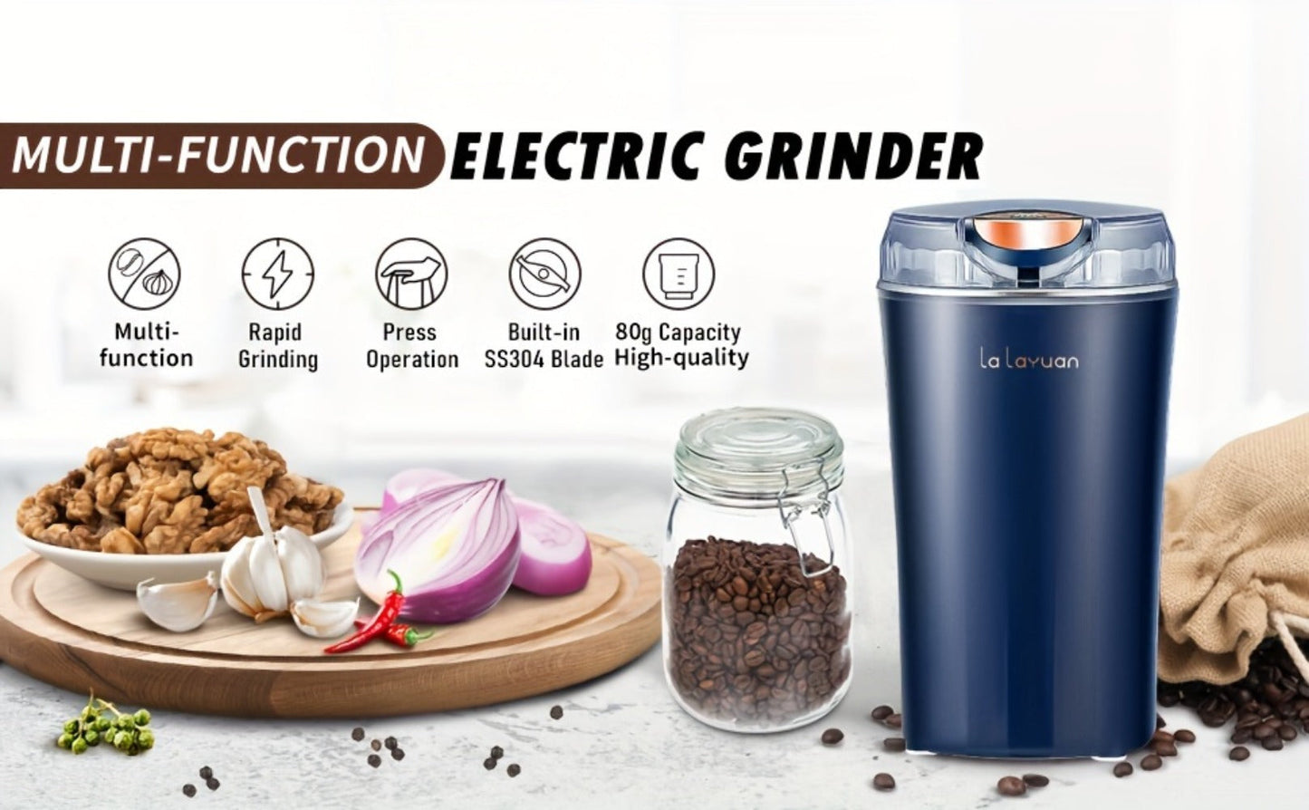 Electric Coffee Grinder 200W | Quiet Spice Grinder | 80g Large Capacity 12 Cups | 304 Stainless Steel Blade | One-Touch Operation | Grinds