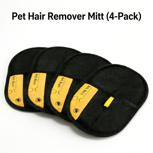 Reusable Fabric Pet Hair Removal Mitt Set with Four Black Mitts and Yellow Hand Straps for Upholstery