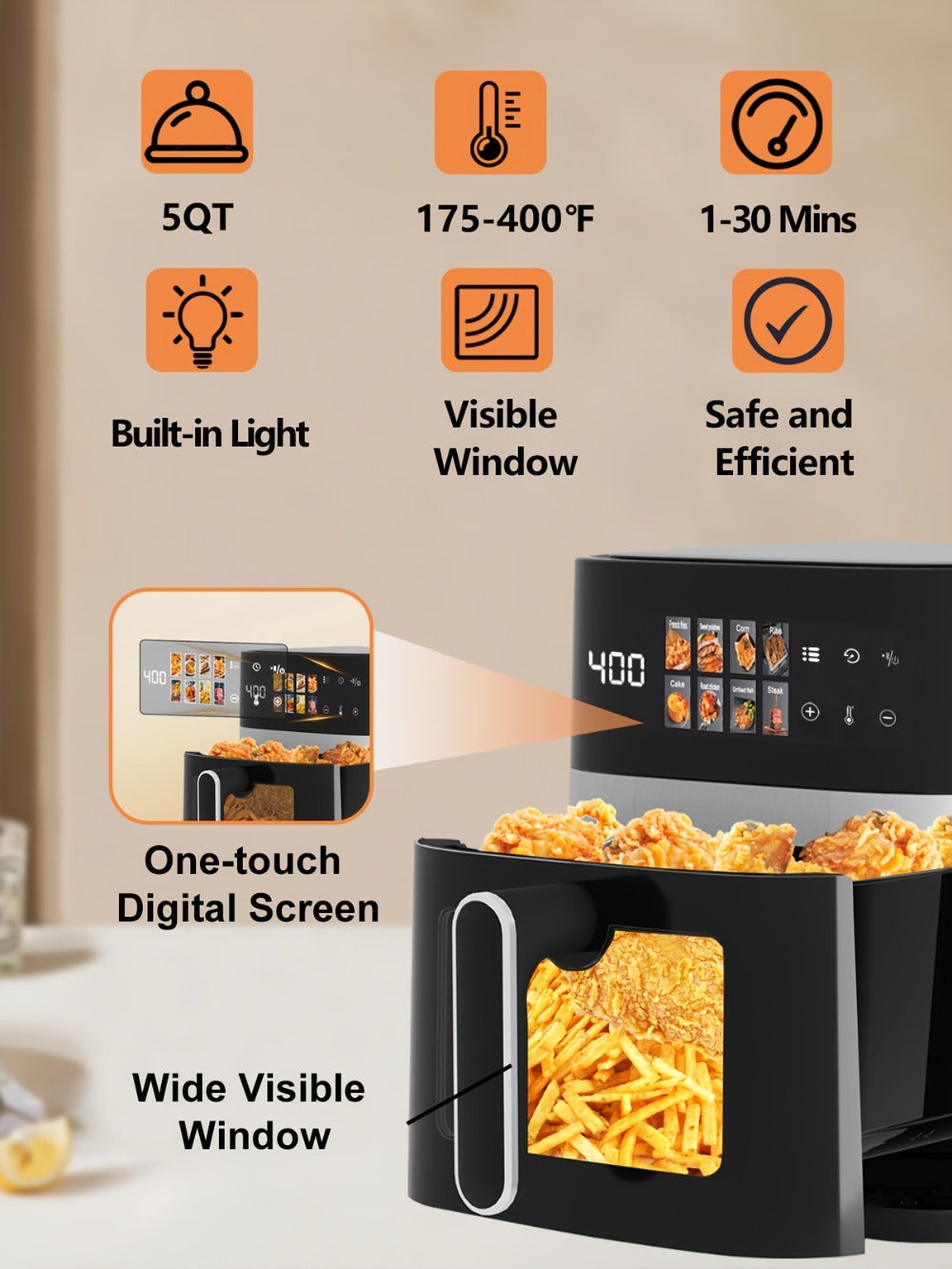 Air Fryer 6QT Multi Function LED Digital Touchscreen Visible Window Oil Free Non-Stick Basket for Entryways, Bedrooms and Living Spaces
