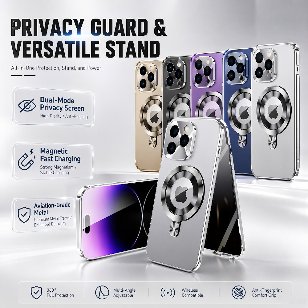 Phone Case Privacy Screen with Aluminum Alloy Frame, Rear Stand and magnetic ring for iPhone 15 Pro
