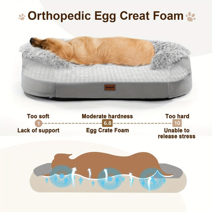 Egg-Crate Foam Dog Bed with Plush Bolsters and Rectangle or Semicircle Large-Size Shape Options