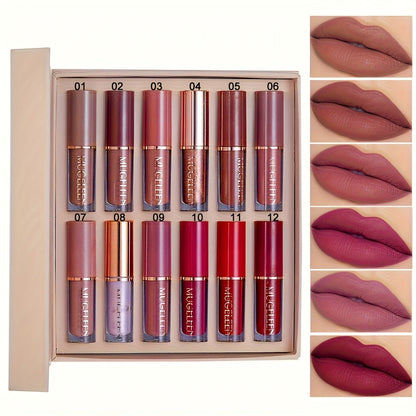 Non-Stick Matte Lip Gloss Set 12 Pcs Non-Fading Long-Lasting Liquid Lipstick Assorted Colors with Wand Applicator