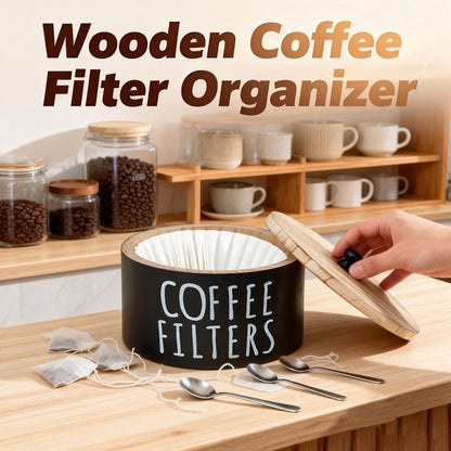 Wooden Coffee Filter Holder with Lid – Large Capacity Rustic Round Organizer Dispenser for Coffee Filters & Tea Bags, Bamboo Lid