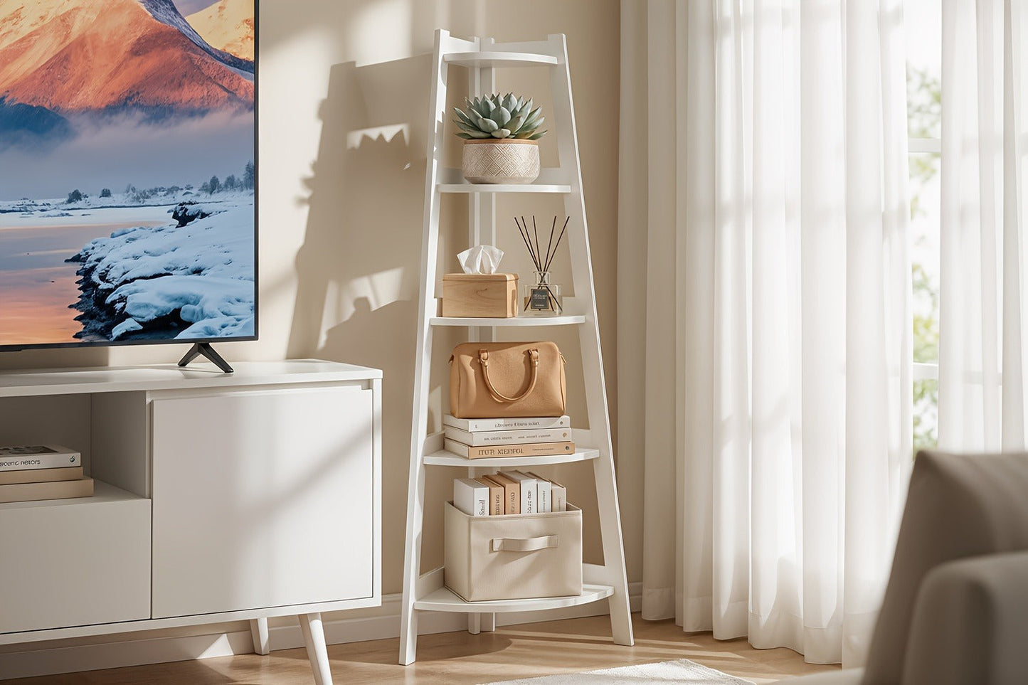 White Five-Tier Ladder-Style Freestanding Corner Shelf, Approximately 110 cm High and 34 cm Wide