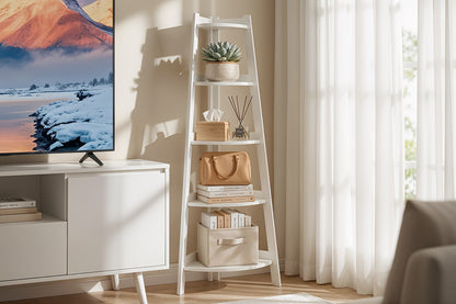 White Five-Tier Ladder-Style Freestanding Corner Shelf, Approximately 110 cm High and 34 cm Wide