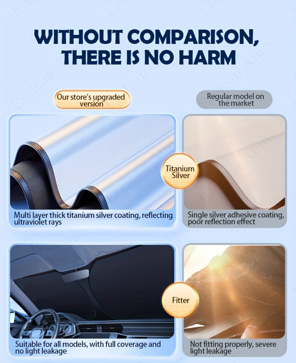 Windshield Sun Shade with Hook & Loop Closure – Foldable Front Window UV Ray Blocker, Dashboard Heat Protector