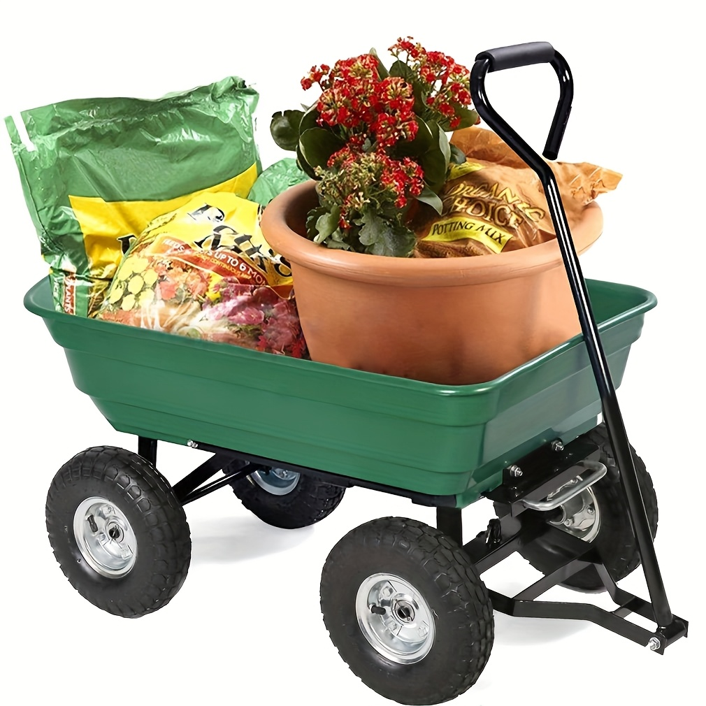 Garden Cart Steel Yard Wagon Dump Cart with 10 Inch Pneumatic Tires Utility Cart for Lawn Farm Gardening Green
