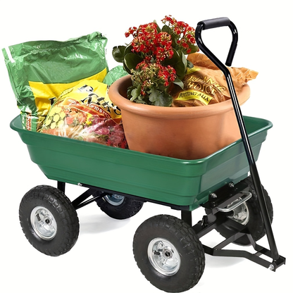 Garden Cart Steel Yard Wagon Dump Cart with 10 Inch Pneumatic Tires Utility Cart for Lawn Farm Gardening Green