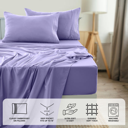 Fitted Sheet Set 6-Piece Brushed Polyester Deep Pocket Bed Sheets 20 Colors Hotel Luxury Bedding with Embroidered Pillowcases