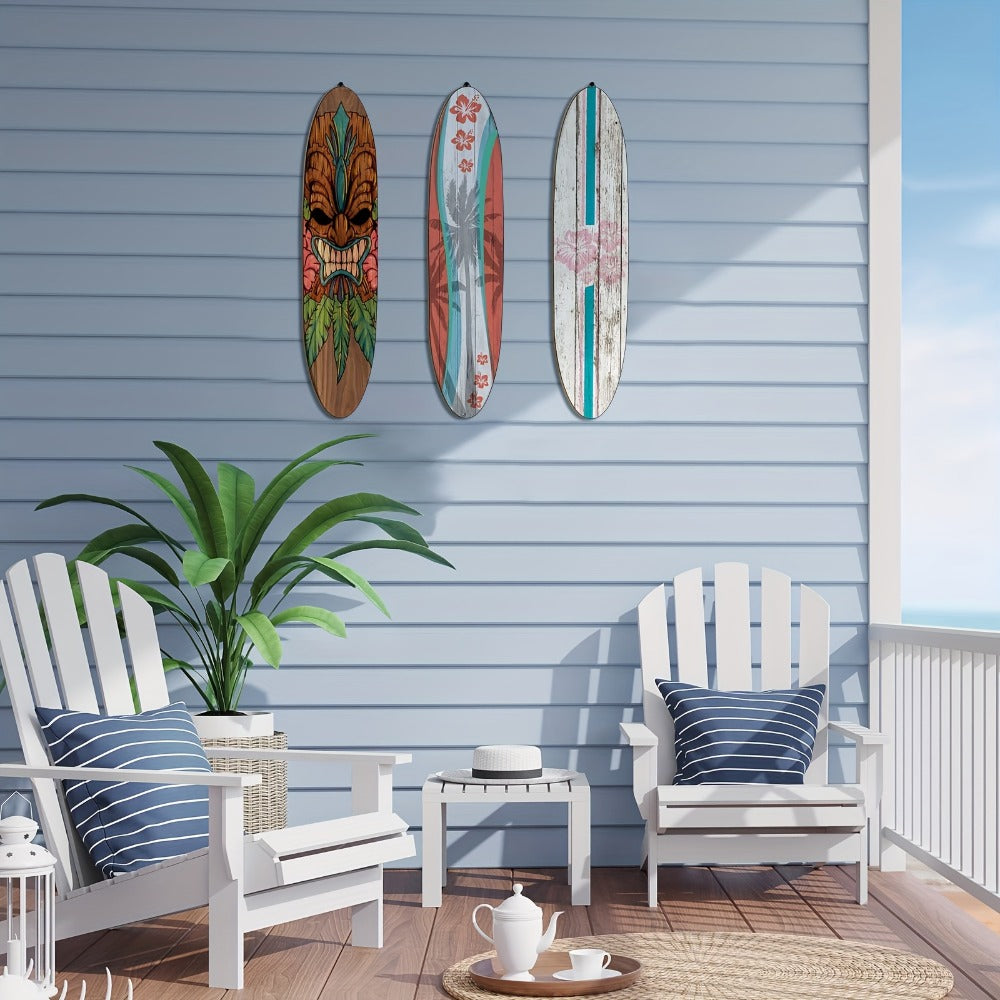 Wooden Surfboard Wall Art 15.74", Rustic Tropical Beach Decor with Hibiscus & Tiki Mask Design