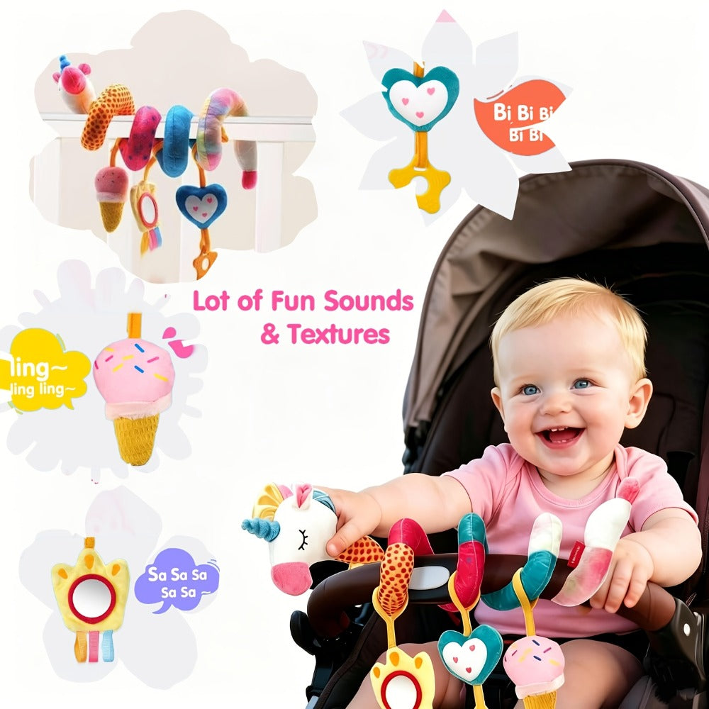 Baby Car Seat Toys 0-6 Months, Unicorn Rattle Mirror Crinkle Squeaky Stroller Toy Set for Infant Girls