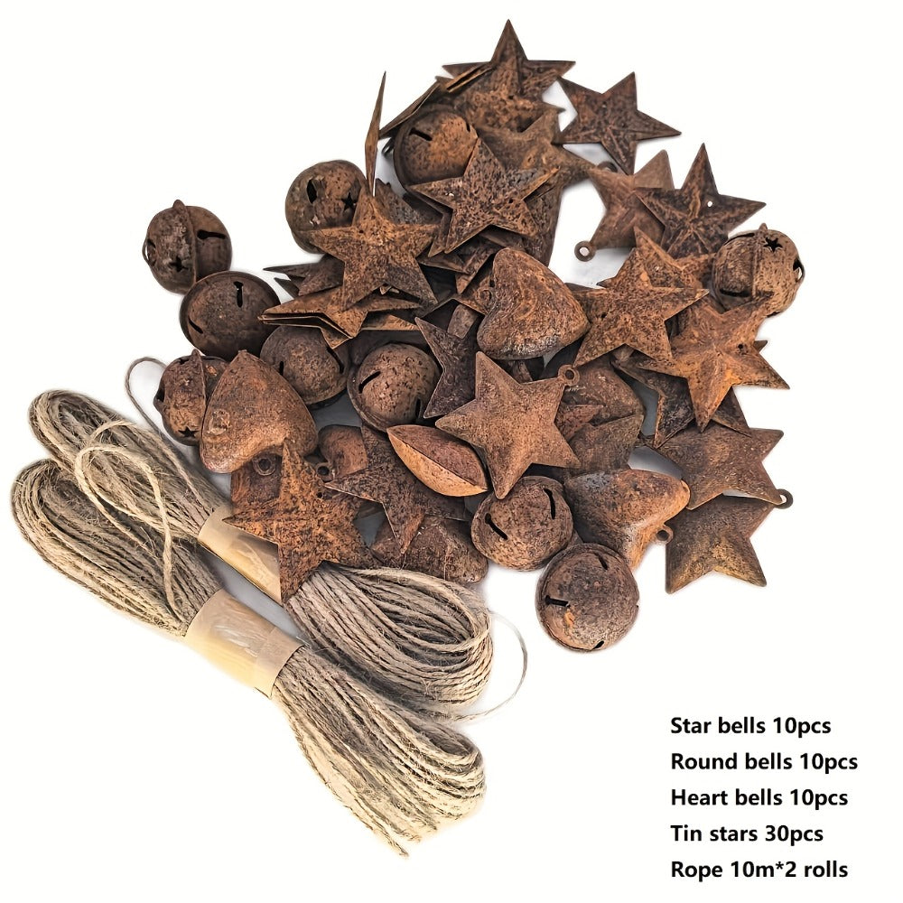 62-Piece Rustic Christmas Bell and Star Craft Set with Heart Shapes and Two 10 m Rope Rolls