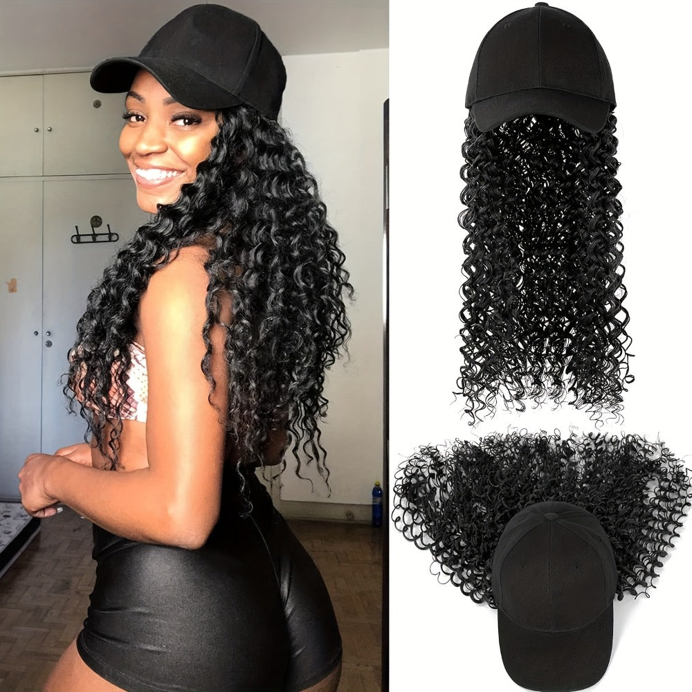 Afro Kinky Curly Baseball Cap Wig for Women 18 Inch Hat and Wig Combo Adjustable Elastic Net Long Synthetic Curly Hair Multi-Color Casual