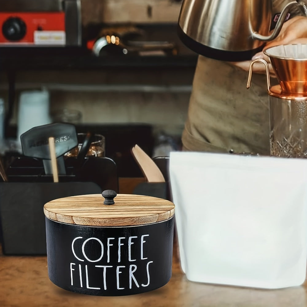 Wooden Coffee Filter Holder with Lid, Farmhouse Countertop Storage Box for Coffee Filters and Coffee Bar Accessories