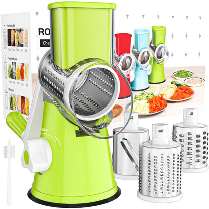 Rotary Cheese Grater with Hand Crank, 3 Interchangeable Blades for Cheese, Vegetables & Nuts, Suction Base