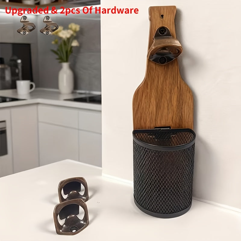 Wooden Bottle Opener Wall Mounted with Metal Cap Catcher – Handcrafted Rustic Beer Opener, Freestanding or Wall Mount, Holiday Gift for Men