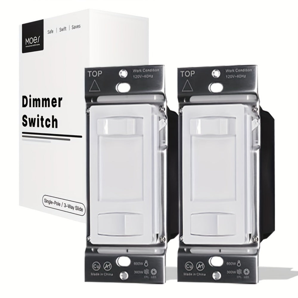 MOES Slide Dimmer Light Switch 3-Way & Single Pole No Neutral Wire, 600W Max, Compatible with LED CFL Incandescent Halogen
