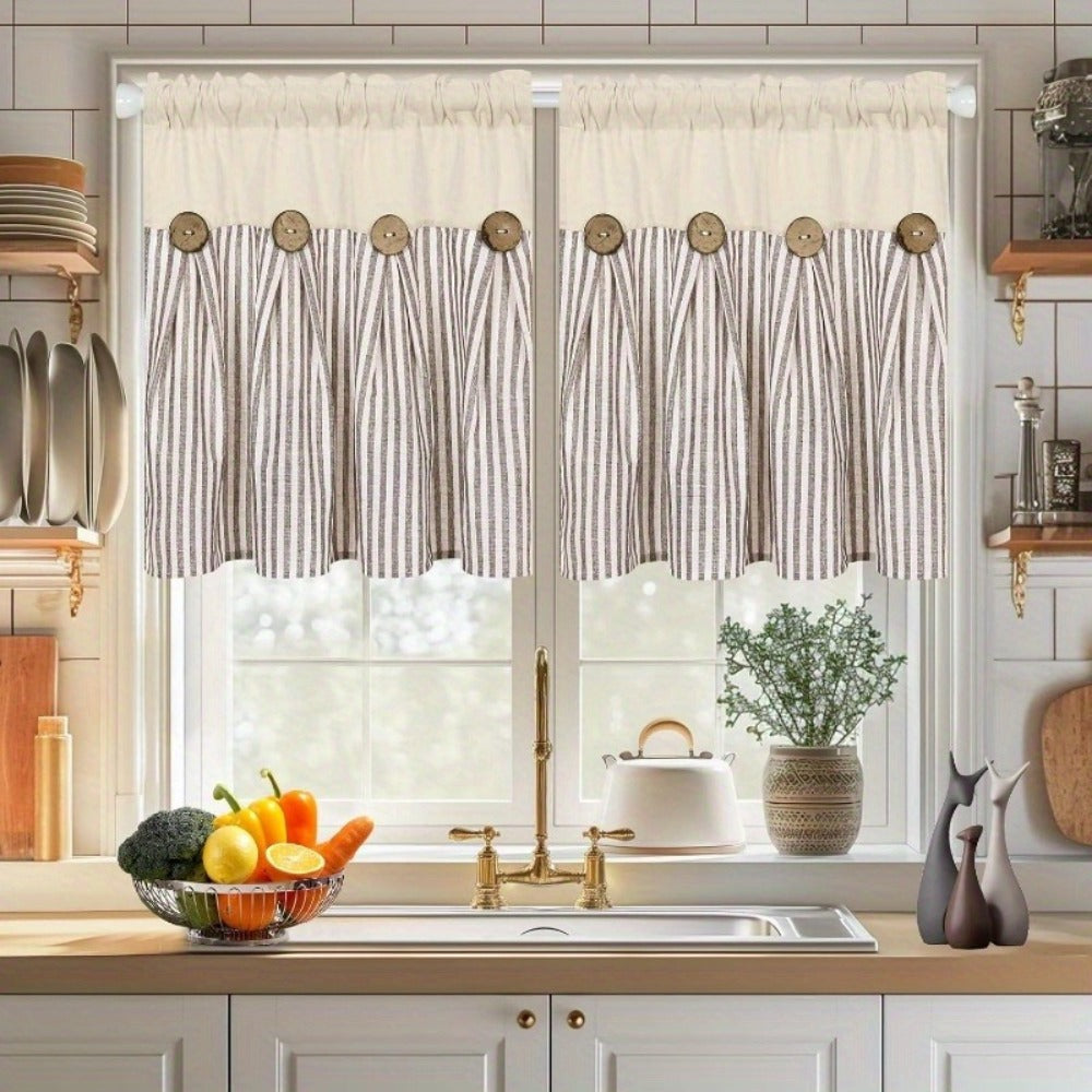 Striped Patchwork Window Curtain Set with Rod-Pocket Top, Six Colors and Five Panel-Count or Size Options