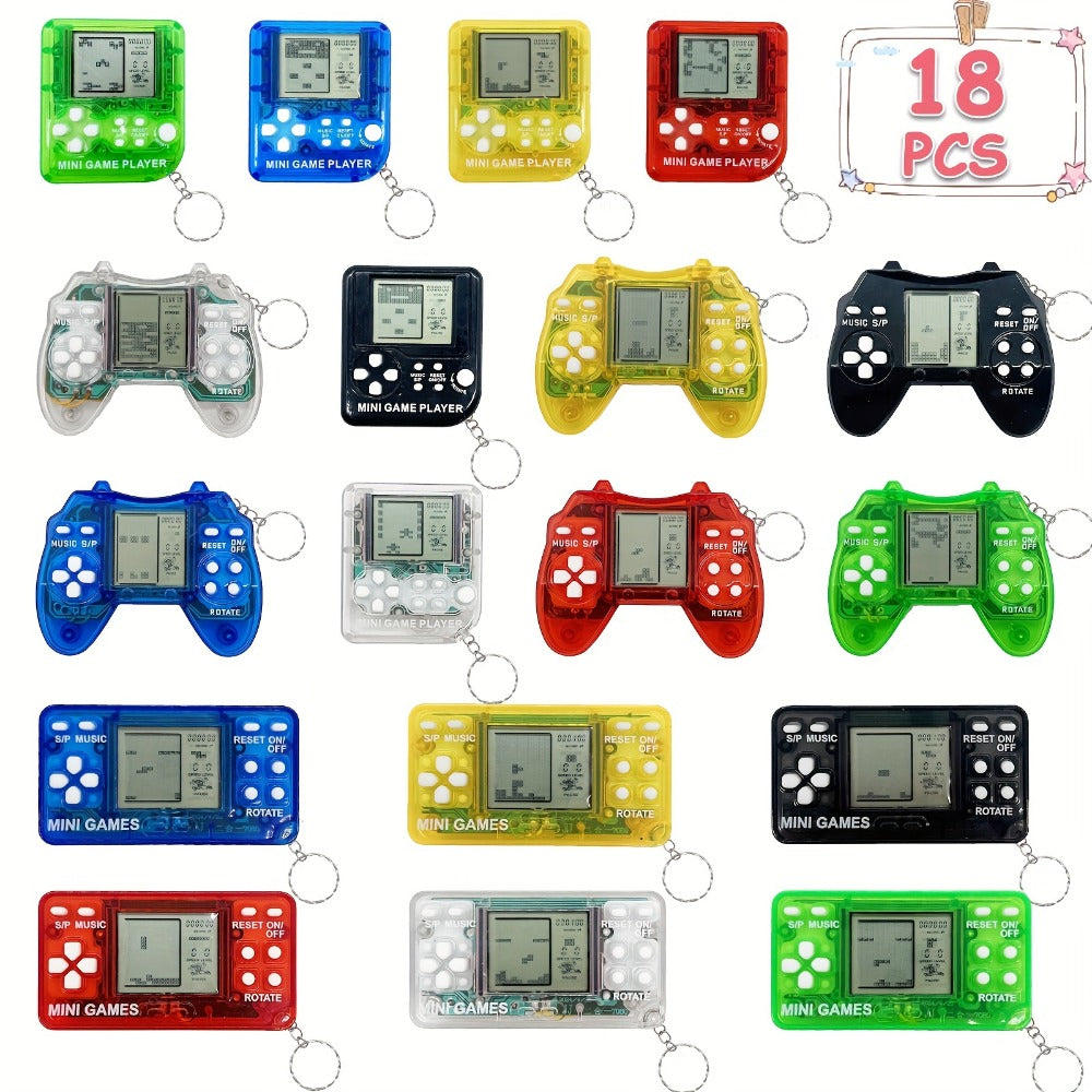 18-Piece Mini Game Keychain Set with Controller and Handheld Shapes in Six Pictured Case Colors