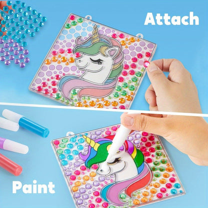 Suncatcher Painting Kit 4pcs for Kids, 2-in-1 Window Art with Gem Stickers & Paint Pens, Butterfly Unicorn Rainbow Sun Designs