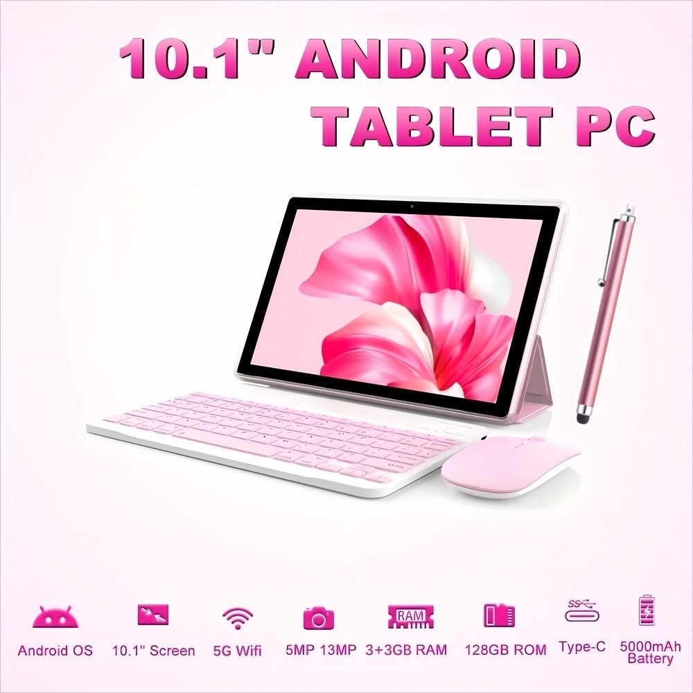 Pink 2-in-1 Android Tablet 10.1 Inch 6GB RAM 128GB ROM 5G WiFi with Keyboard Mouse Case Stylus for an Everyday Personal Care Routine