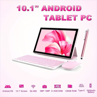 Pink 2-in-1 Android Tablet 10.1 Inch 6GB RAM 128GB ROM 5G WiFi with Keyboard Mouse Case Stylus for an Everyday Personal Care Routine