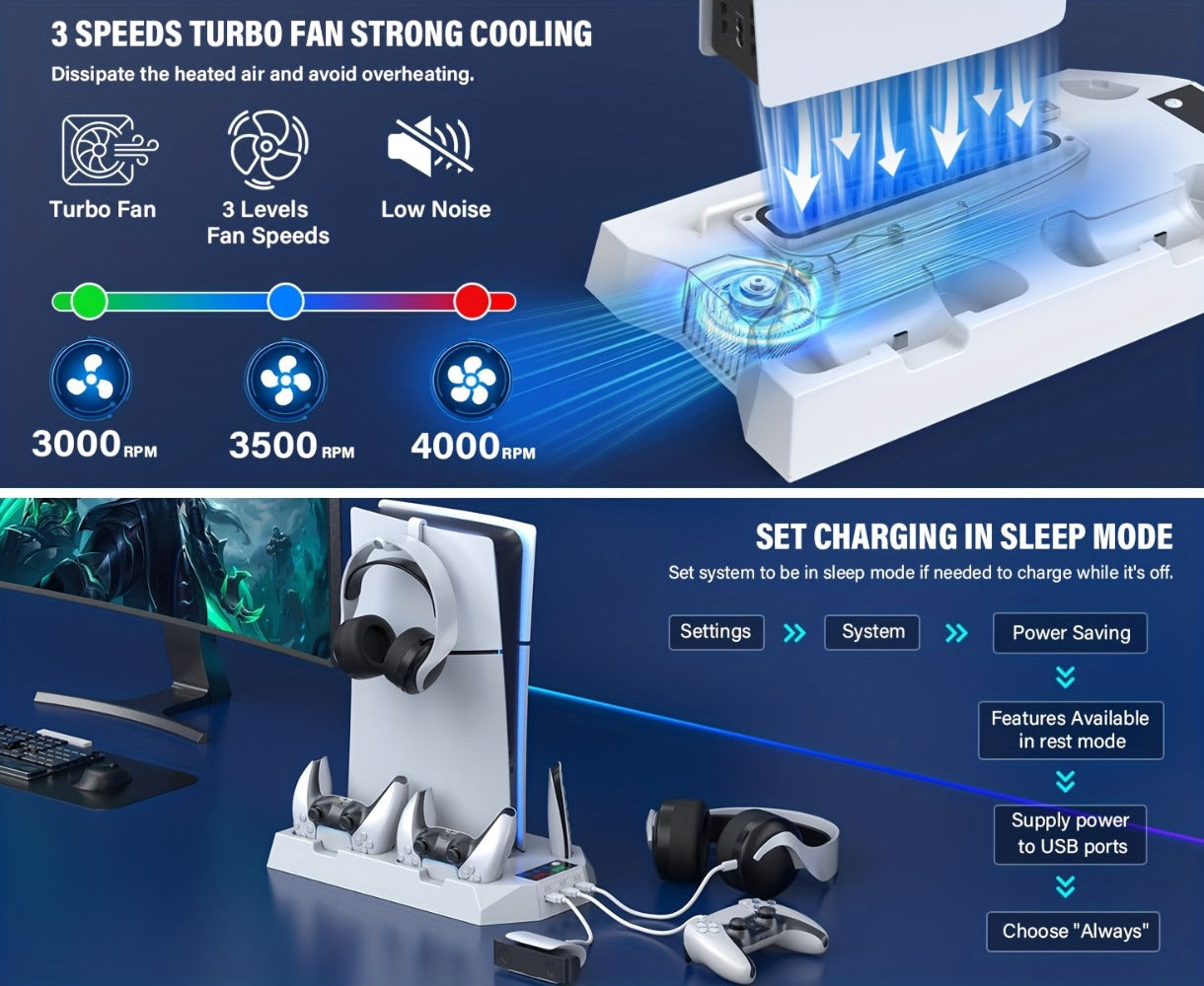 PS5 Cooling Station with Controller Charging Dock - Compatible with PS5 Slim Pro Standard Disc Digital