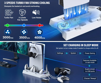 PS5 Cooling Station with Controller Charging Dock - Compatible with PS5 Slim Pro Standard Disc Digital