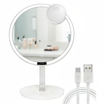 Makeup Mirror Round LED Desktop Stand with Detachable 10X Suction Mirror, Three Light Colors, Touch Dimming and USB Power