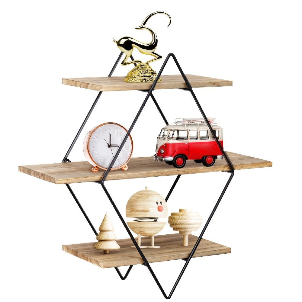 Three-Tier Diamond Wall Shelf with Dark Brown Boards, Black Wire Frame and 50 cm Pictured Height