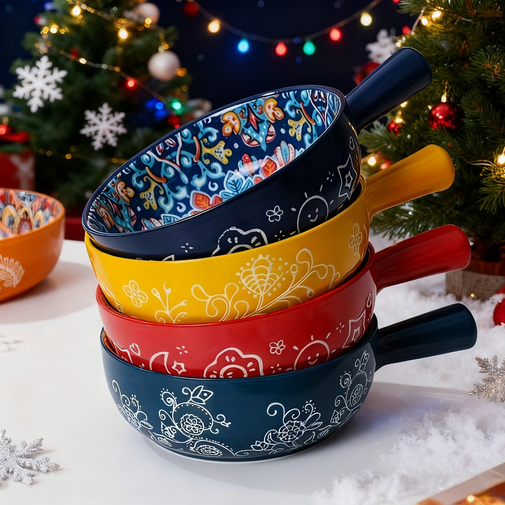 Ceramic Salad Bowl Set of 4 Bohemian Style 8.7 Inch with Handles Microwave and Oven Safe Colorful Serving Bowls for Home Baking Table