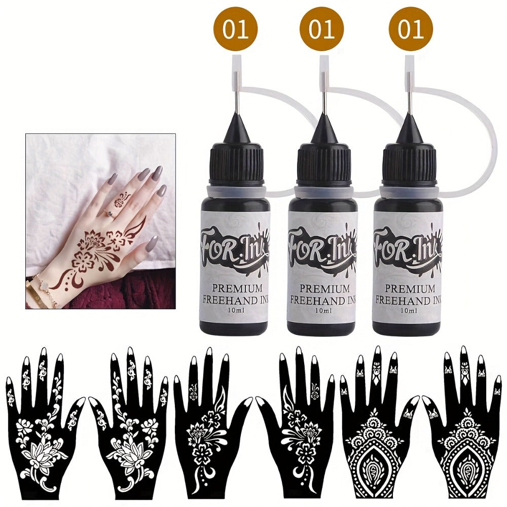 Fake Freckles Jagua Gel Kit Semi-Permanent Temporary Tattoo Ink, 3 Brown & Red Ink Bottles, 6 Stencils &