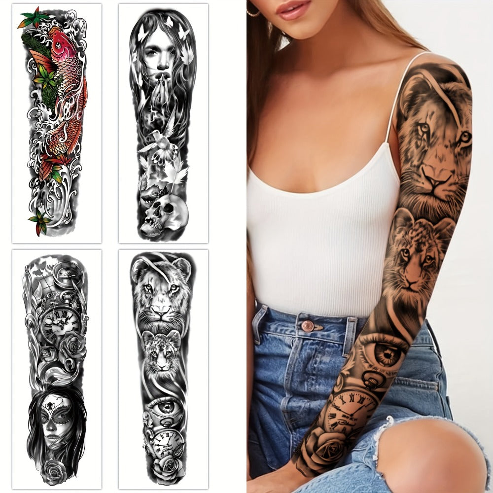 Full Arm Temporary Tattoo Stickers 8 Large Sheets Waterproof Black Realistic Koi Dragon Lion Floral